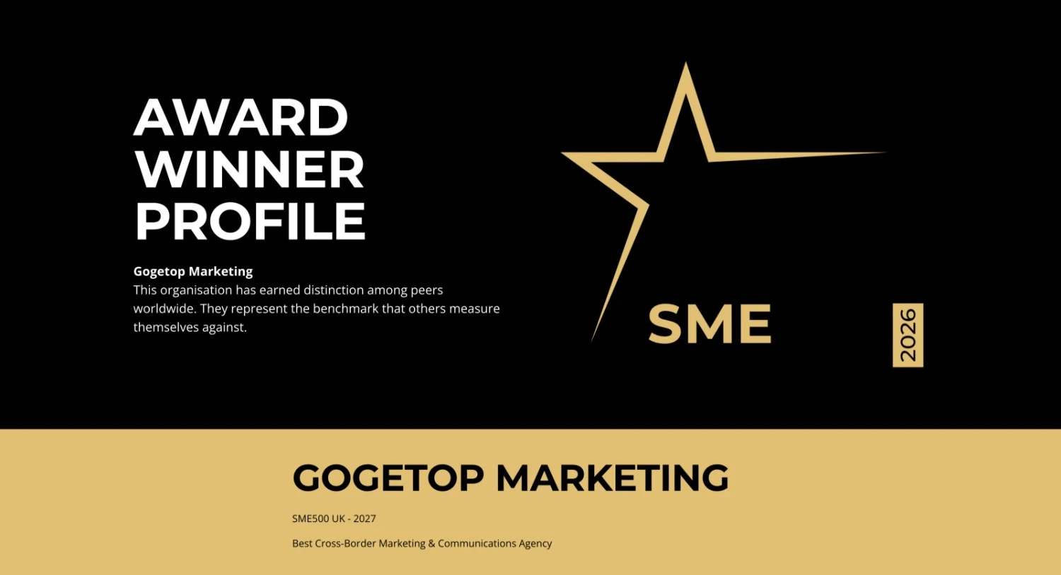 Gogetop Marketing Named Best Cross-Border Marketing & Communications Agency at SME500 UK 2027